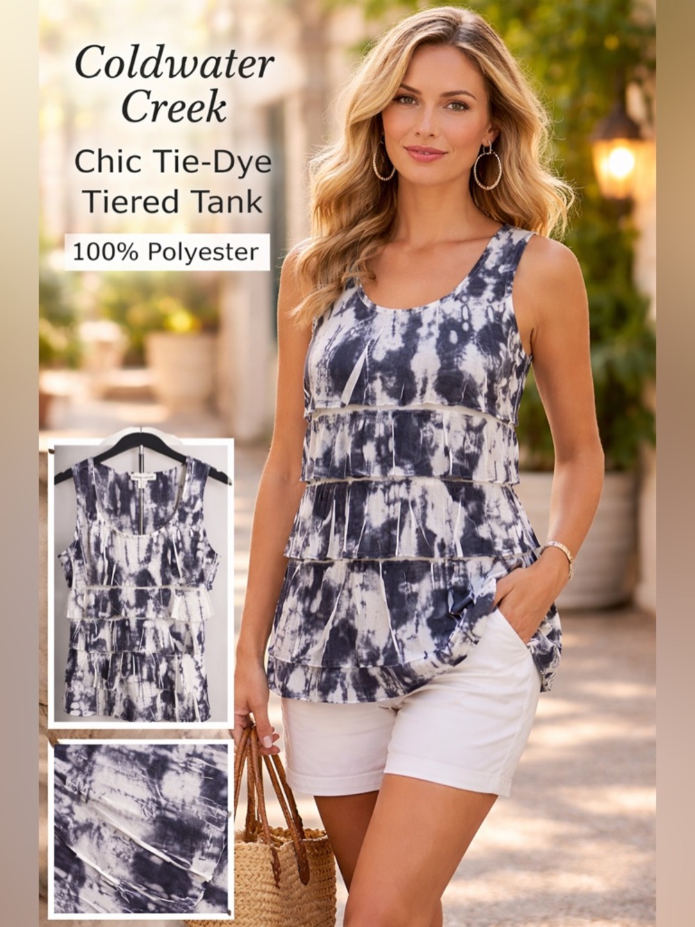 Coldwater Creek Navy and White Tie-Dye Tiered Tank